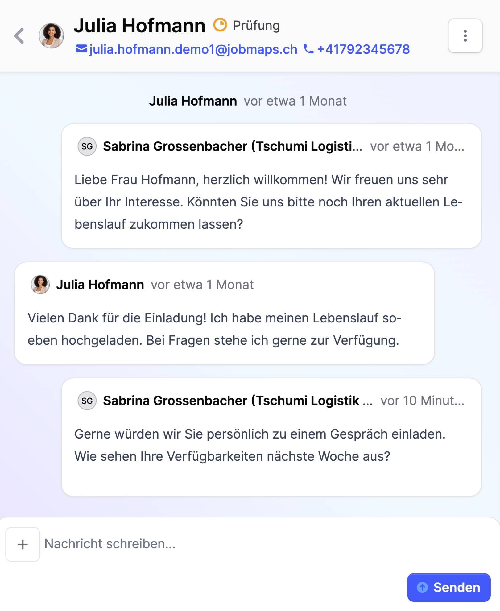 Jobmaps-Nachrichtenverlauf zwischen Recruiter und Bewerberin Julia Hofmann zur Interviewtermin-Koordination