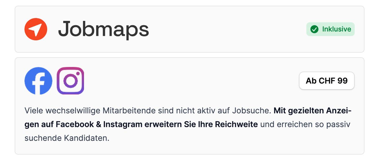 Jobmaps Social-Media-Promotion-Pakete S, M und L für Facebook und Instagram mit Preisen ab 99 CHF