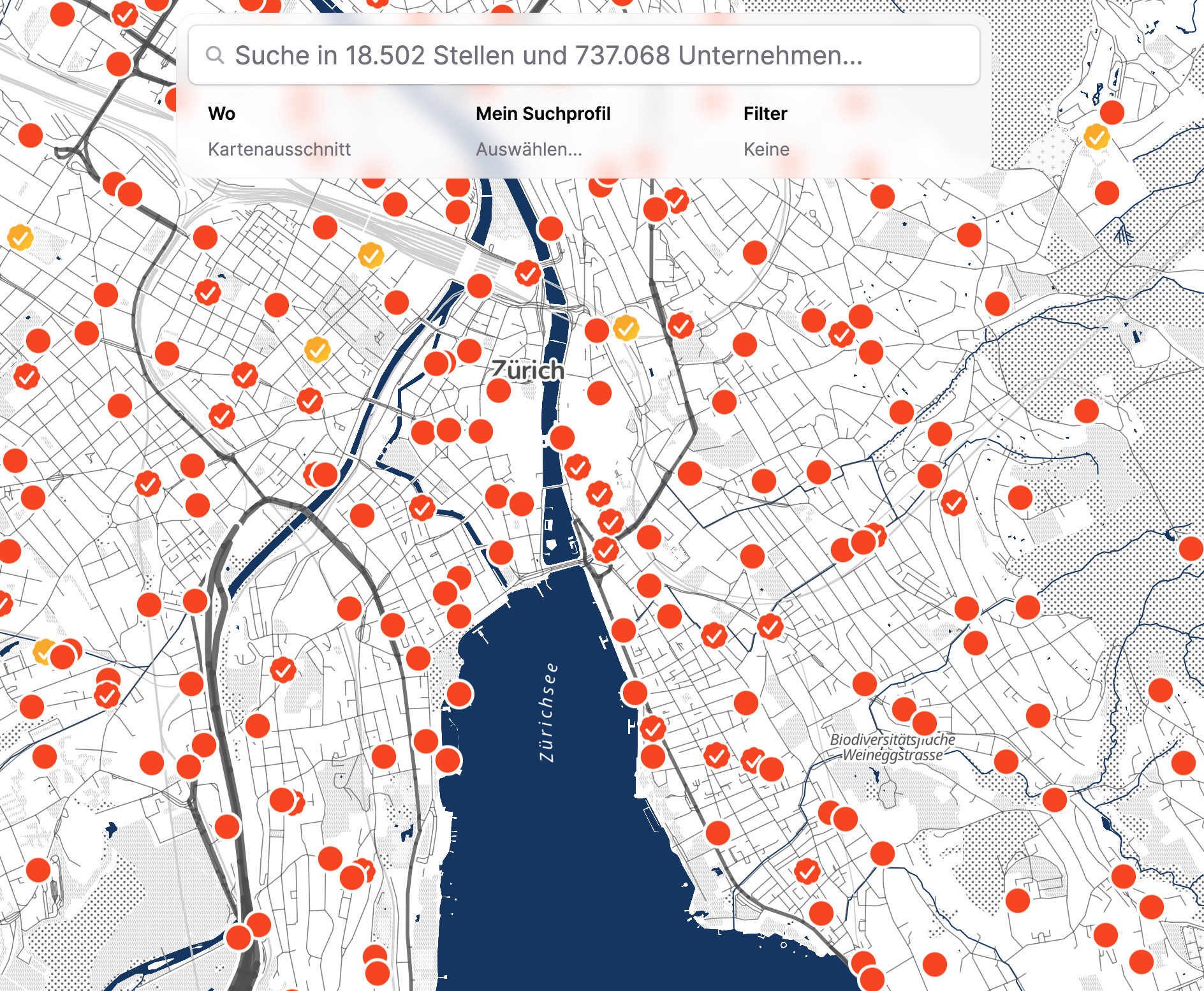 Jobmaps-Kartenansicht der Stadt Zürich mit zahlreichen orangen Pins für Stellenangebote und Unternehmen