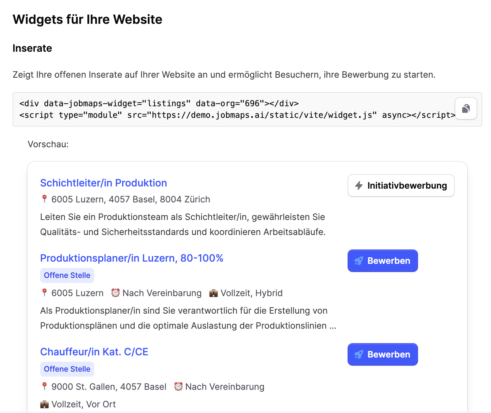 Jobmaps-Website-Widget mit HTML-Einbettungscode und Vorschau der Stellenliste auf einer externen Website