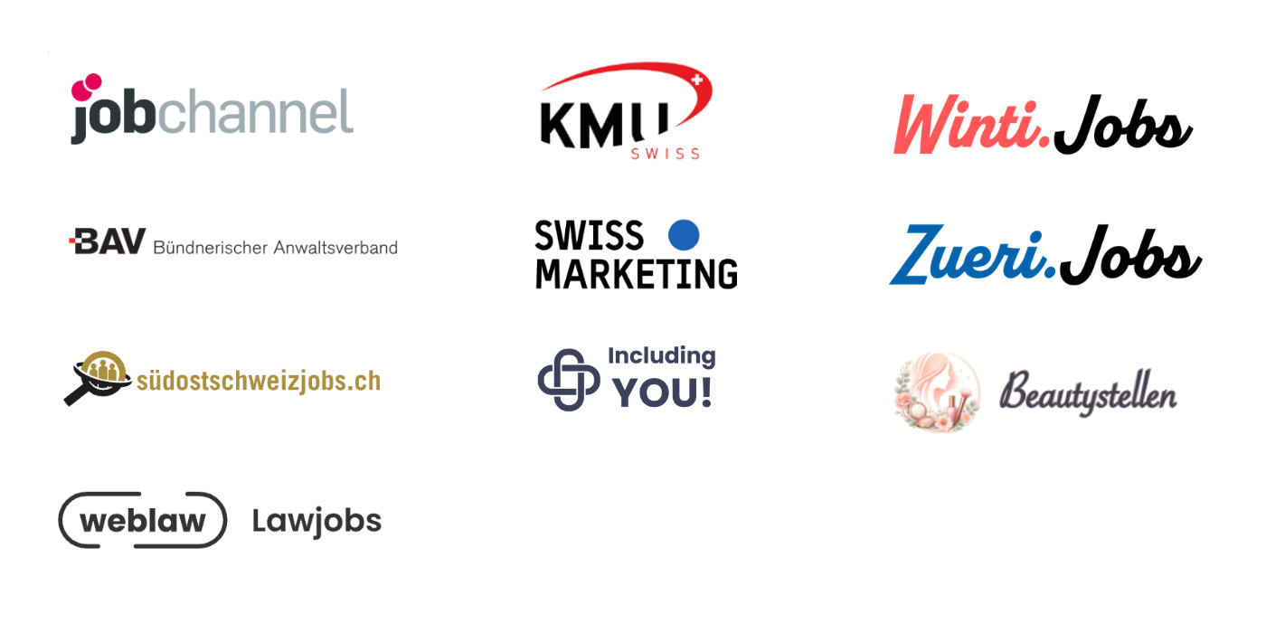 Logos von sieben Jobmaps-Distributionspartnern darunter jobchannel, KMU Swiss, Swiss Marketing und Beautystellen