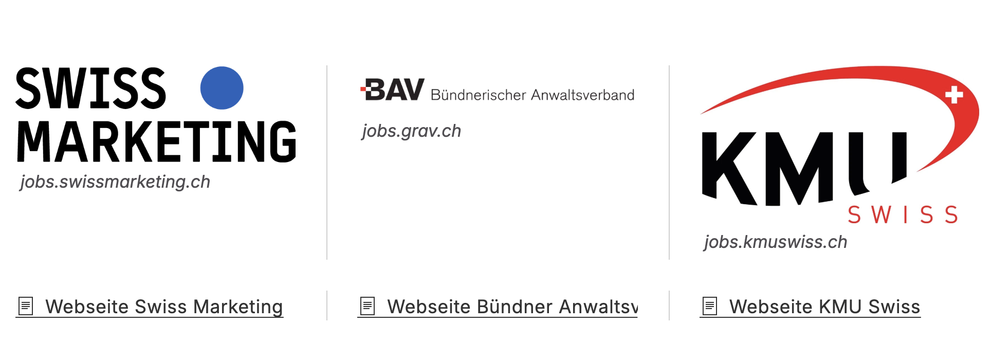 Logos der Jobmaps-Partnerportale Swiss Marketing, BAV Bündnerischer Anwaltsverband und KMU Swiss mit Portal-URLs