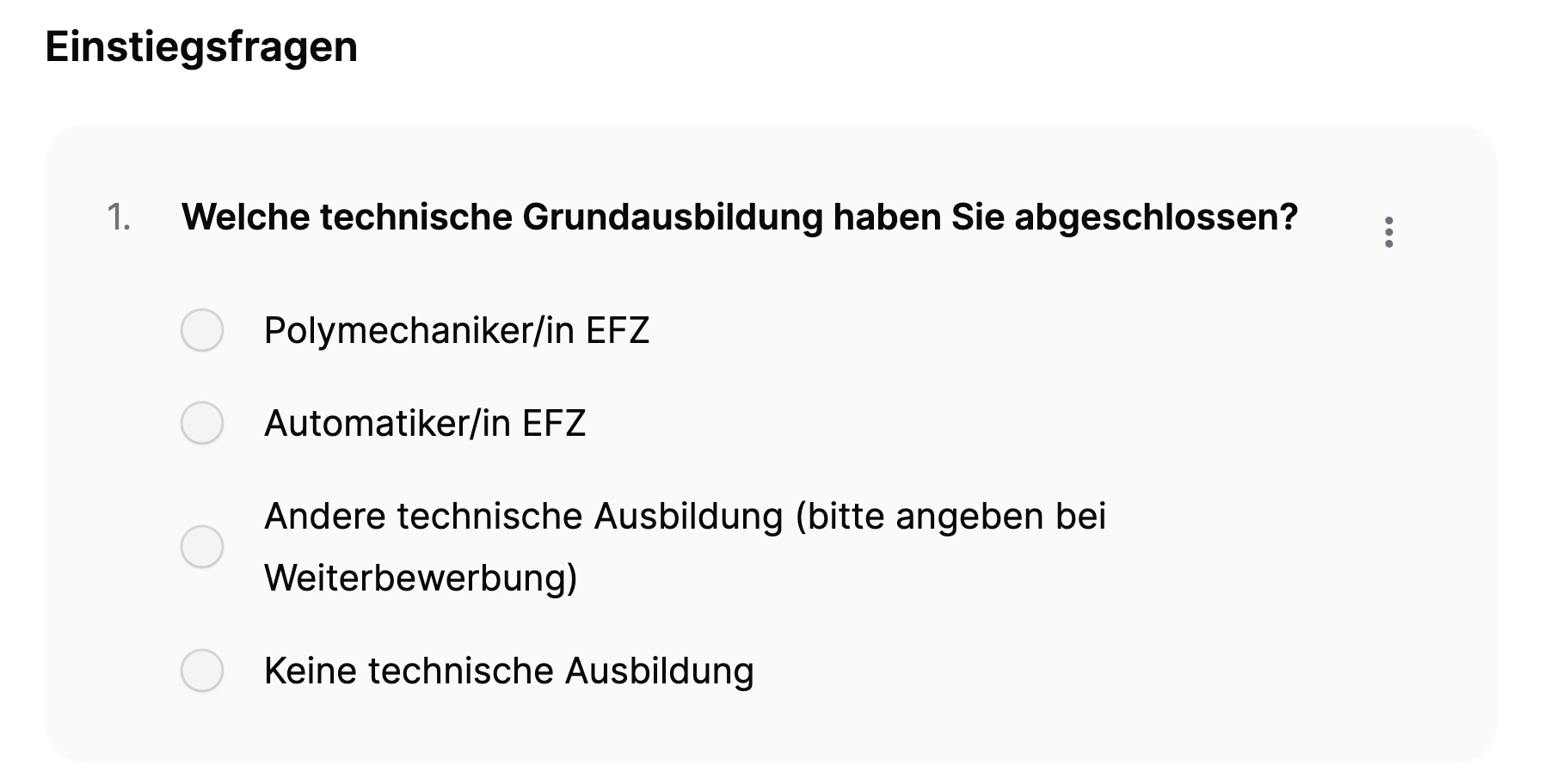 Detail view of a Jobmaps pre-screening question on technical training with four radio button answer options