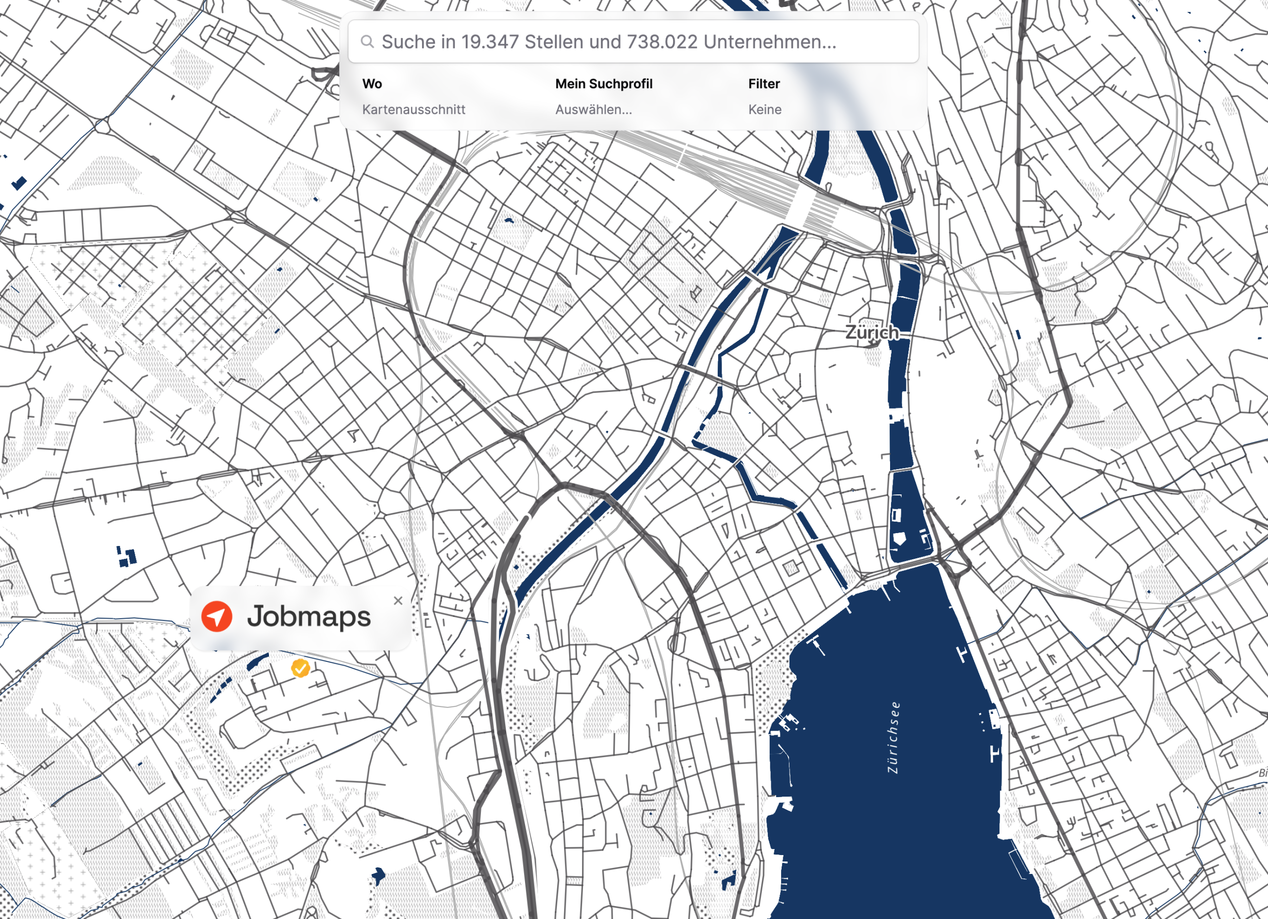 Jobmaps map view of Zurich with a search bar showing over 19,000 job listings and a verified employer profile pin