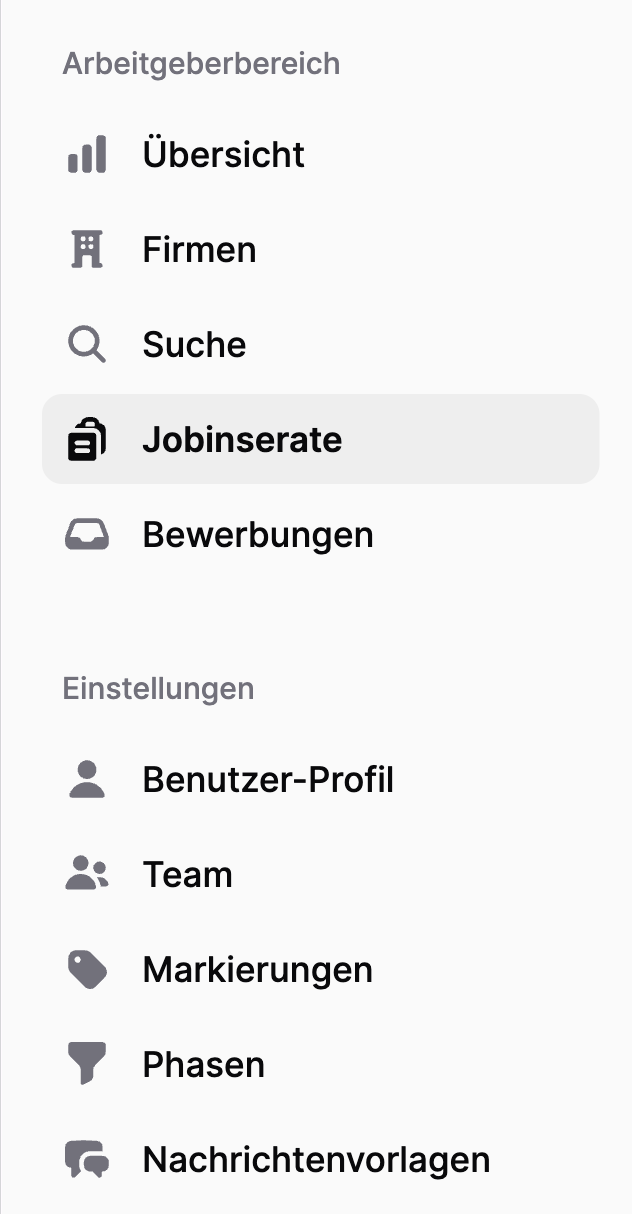 Jobmaps mobile employer navigation menu showing Overview, Job Listings and Applications menu items