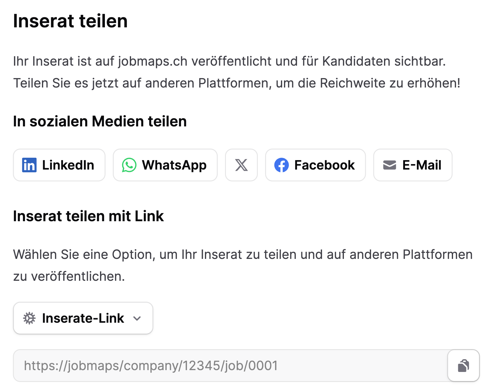 Jobmaps job listing share feature with buttons for LinkedIn, WhatsApp, X, Facebook, email and a direct link 