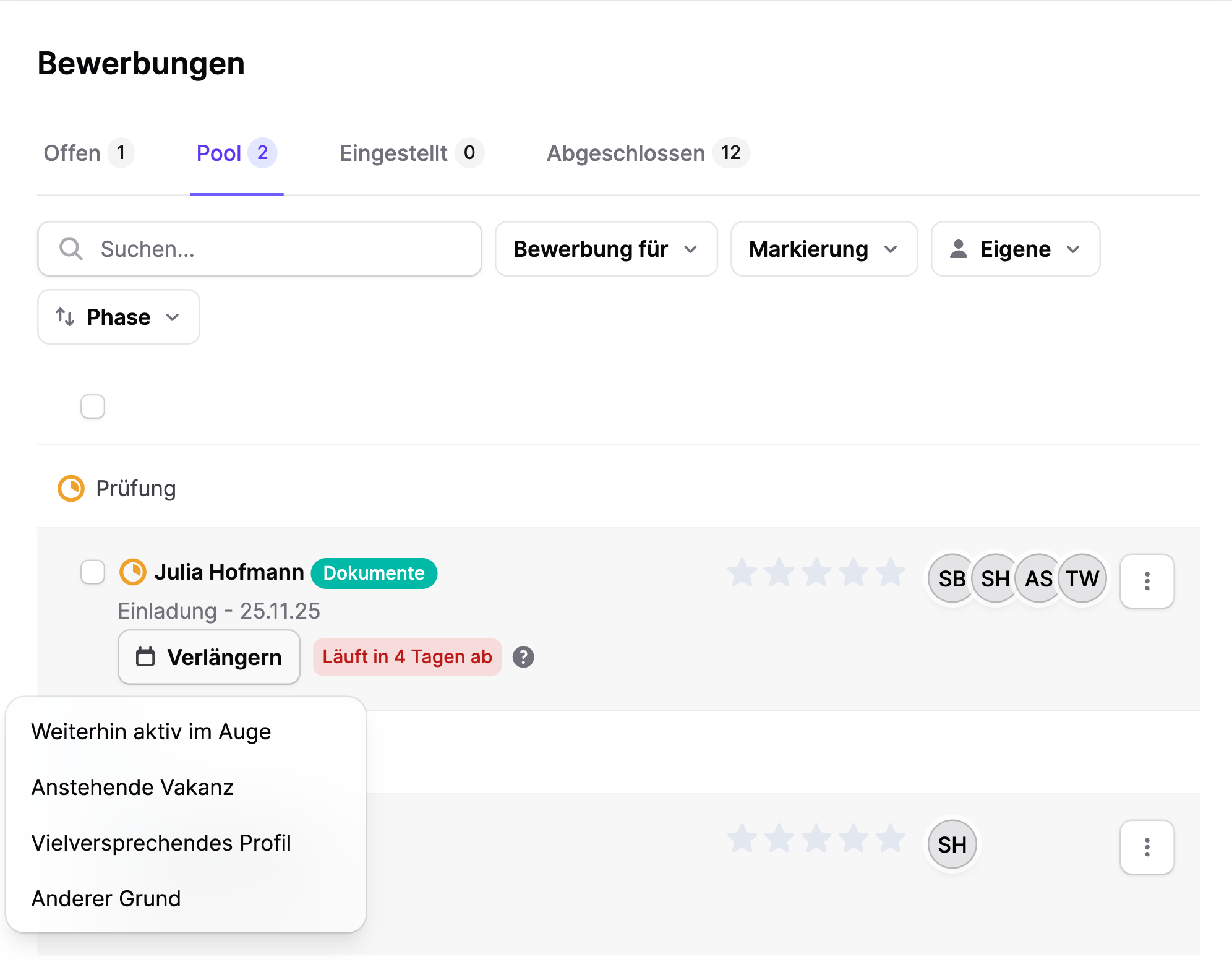 Bewerbungsübersicht mit Pool-Tab, Bewerbung mit Ablauf-Warnung und Dropdown zur Auswahl eines Pool-Grundes