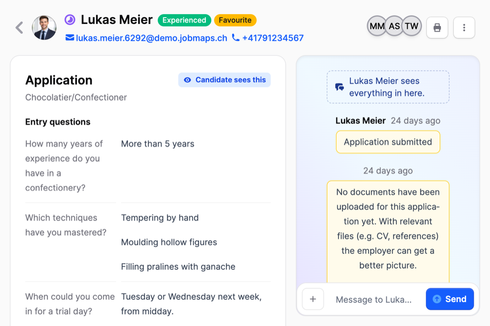 Application view on Jobmaps with the application card, the label Candidate sees this and the chat with the applicant