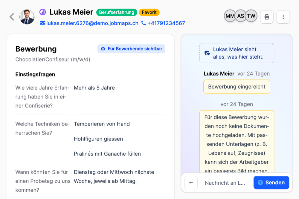 Bewerbungsansicht auf Jobmaps mit Karte Bewerbung, Hinweis Für Bewerbende sichtbar und Chat mit der bewerbenden Person