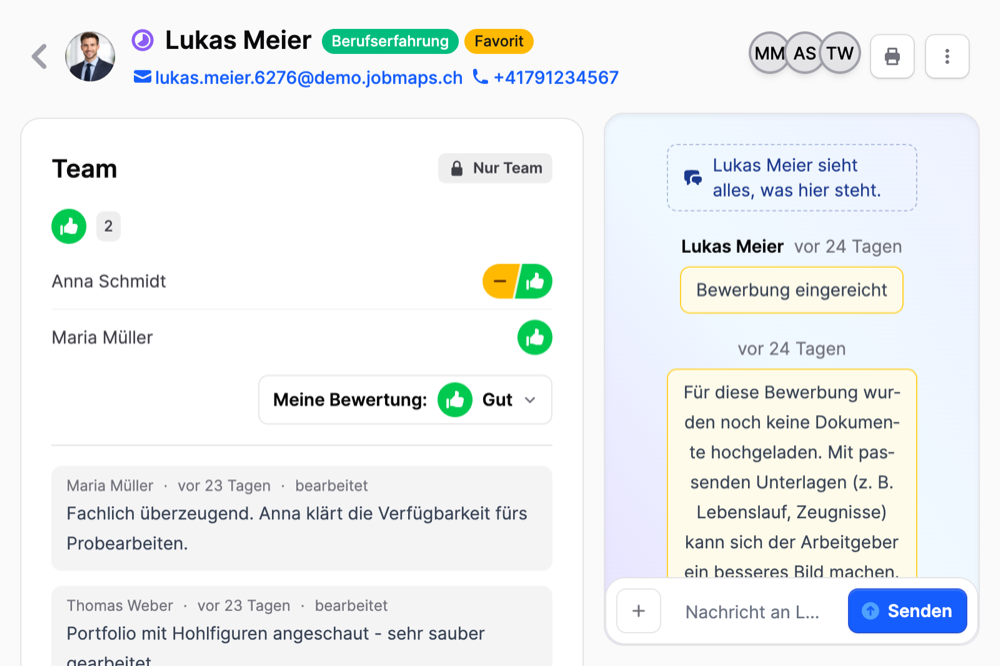 Team-Bereich einer Bewerbung auf Jobmaps mit Hinweis Nur Team, Bewertungen und Notizen neben dem Chat