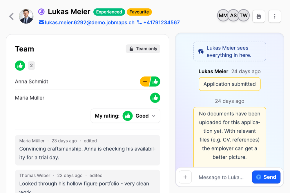 Team area of an application on Jobmaps labelled Team only, with ratings and notes next to the chat