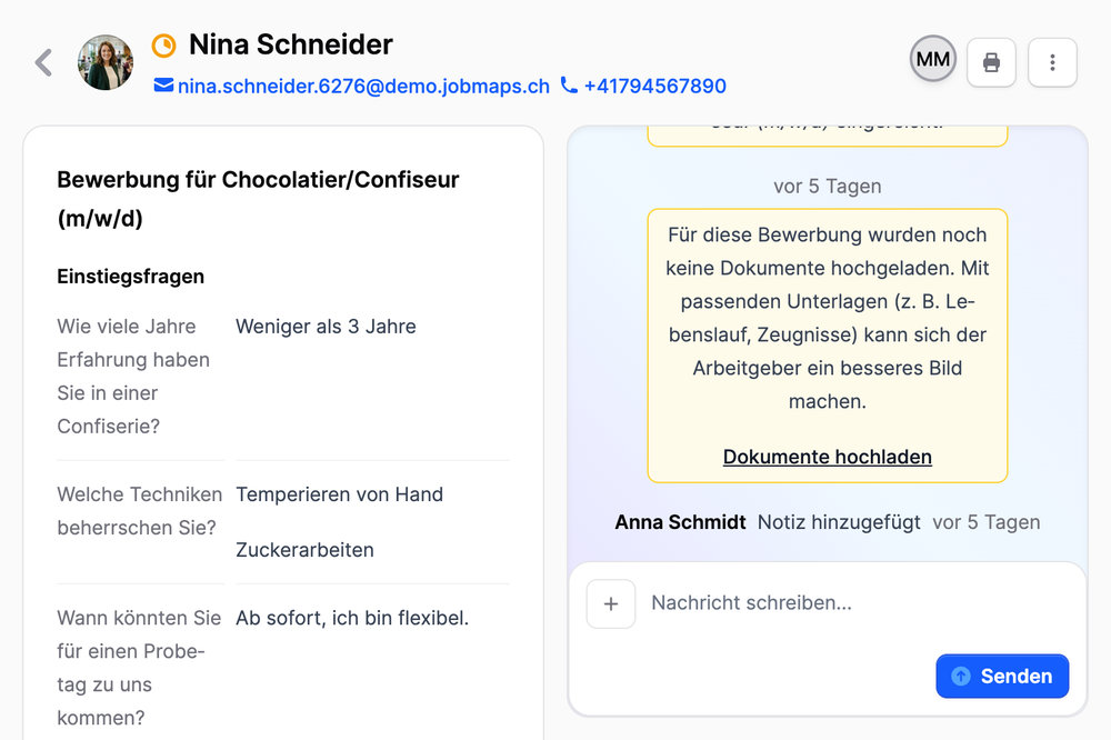 Bewerbungsdossier auf Jobmaps mit Einstiegsfragen, Nachrichtenverlauf und dem Knopf für Verantwortliche oben rechts