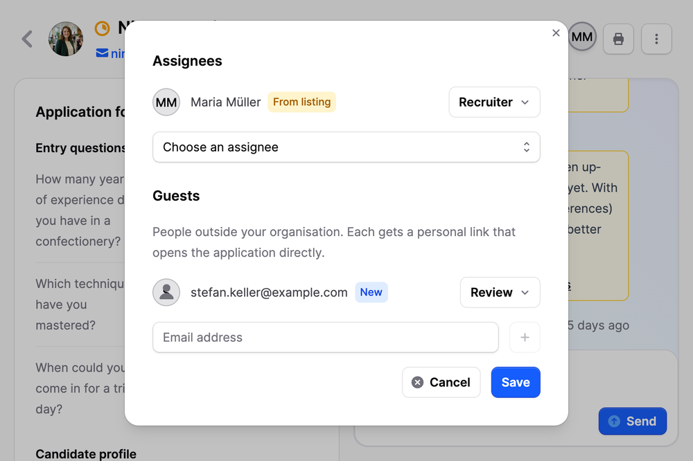 Assignees dialog on Jobmaps with the Guests section and a person invited by email with the Review role