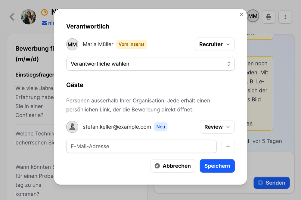  Dialog Verantwortlich auf Jobmaps mit dem Abschnitt Gäste und einer per E-Mail eingeladenen Person mit der Rolle Review