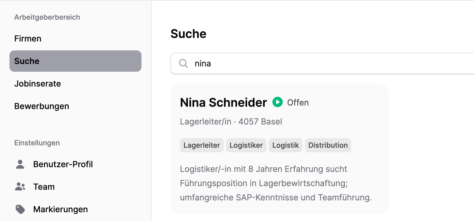 Jobmaps-Suche im Arbeitgeberbereich zeigt Bewerbung von Nina Schneider als Lagerleiter/in in Basel
