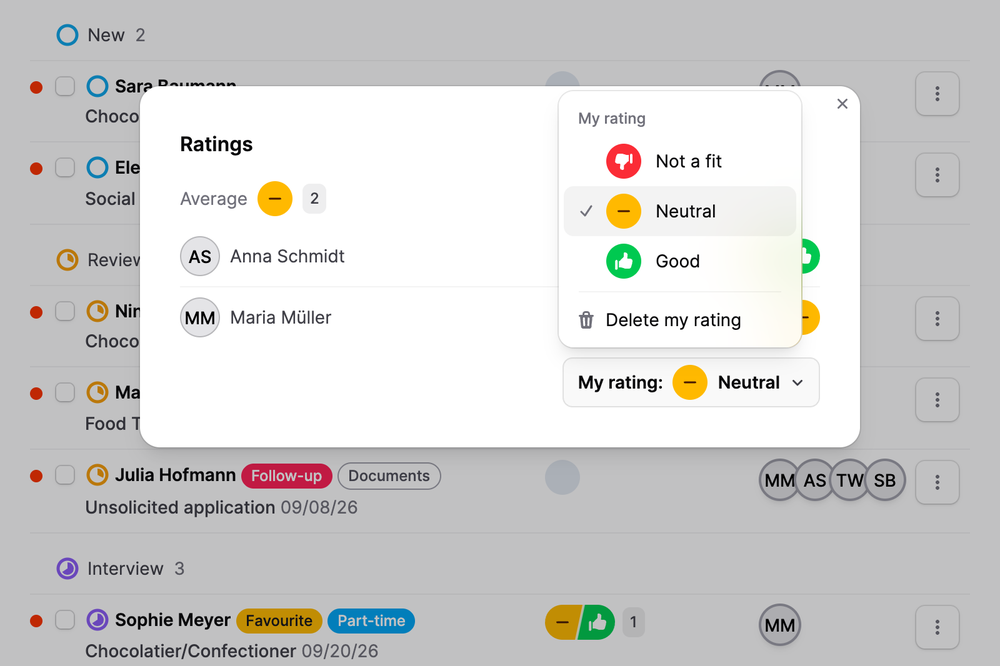 Rating dialog on Jobmaps with the average of two team ratings and the options Not a fit, Neutral and Good