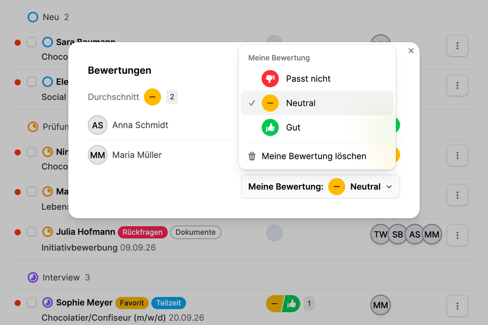Bewertungsdialog auf Jobmaps mit dem Durchschnitt aus zwei Teambewertungen und der Auswahl Passt nicht, Neutral, Gut