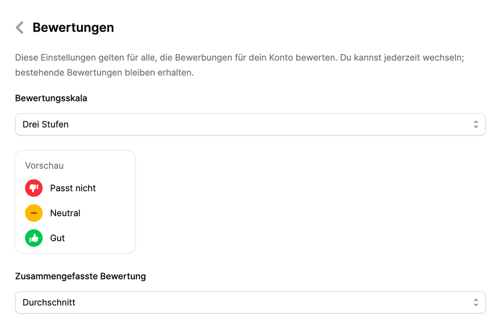 Einstellungsseite Bewertungen auf Jobmaps mit der Skala Drei Stufen und der Vorschau Passt nicht, Neutral und Gut