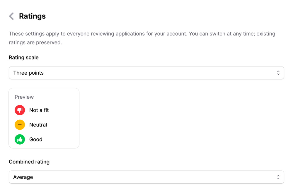 Ratings settings page on Jobmaps with the three-point scale and the preview Not a fit, Neutral and Good