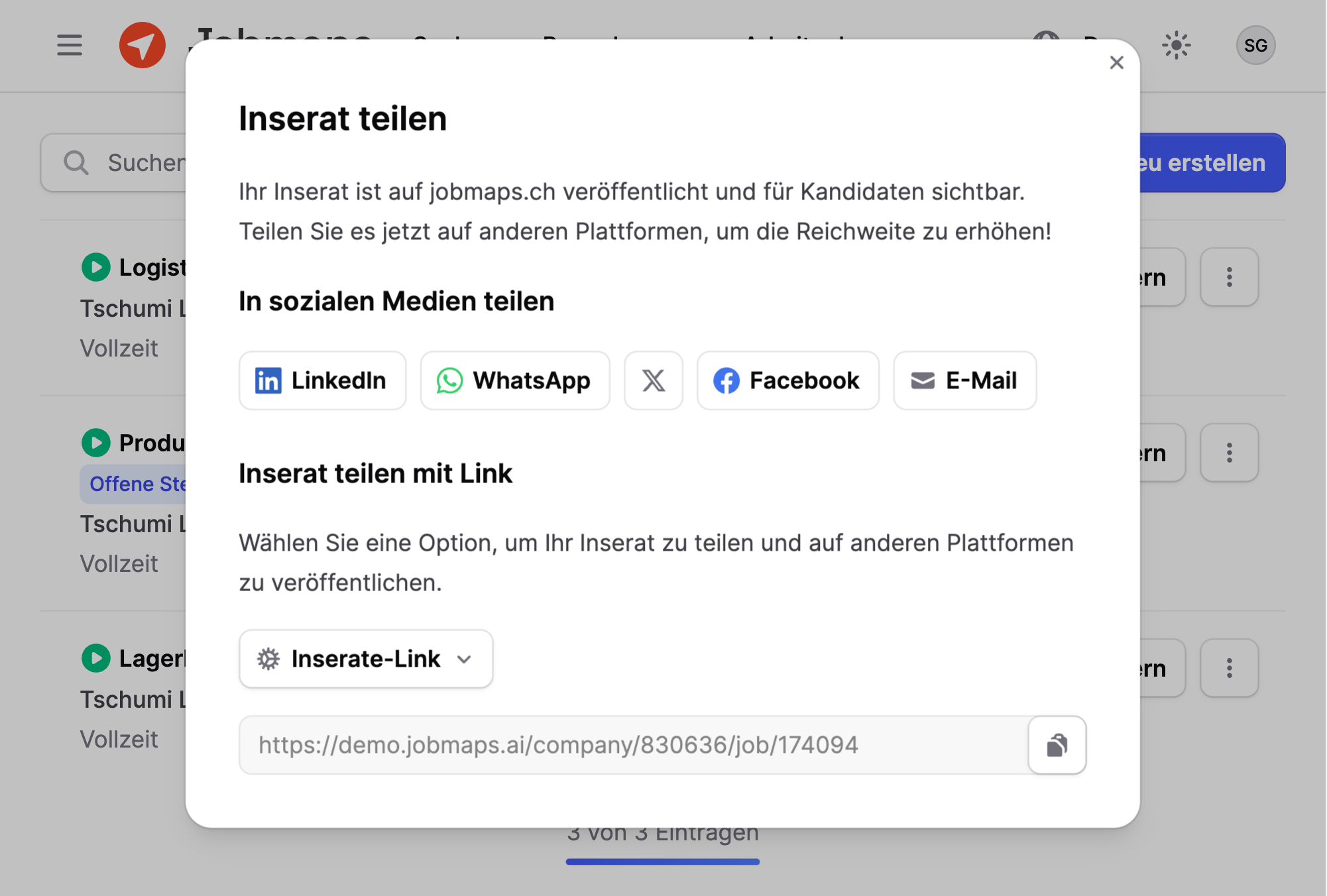 Inserat direkt in sozialen Medien teilen.