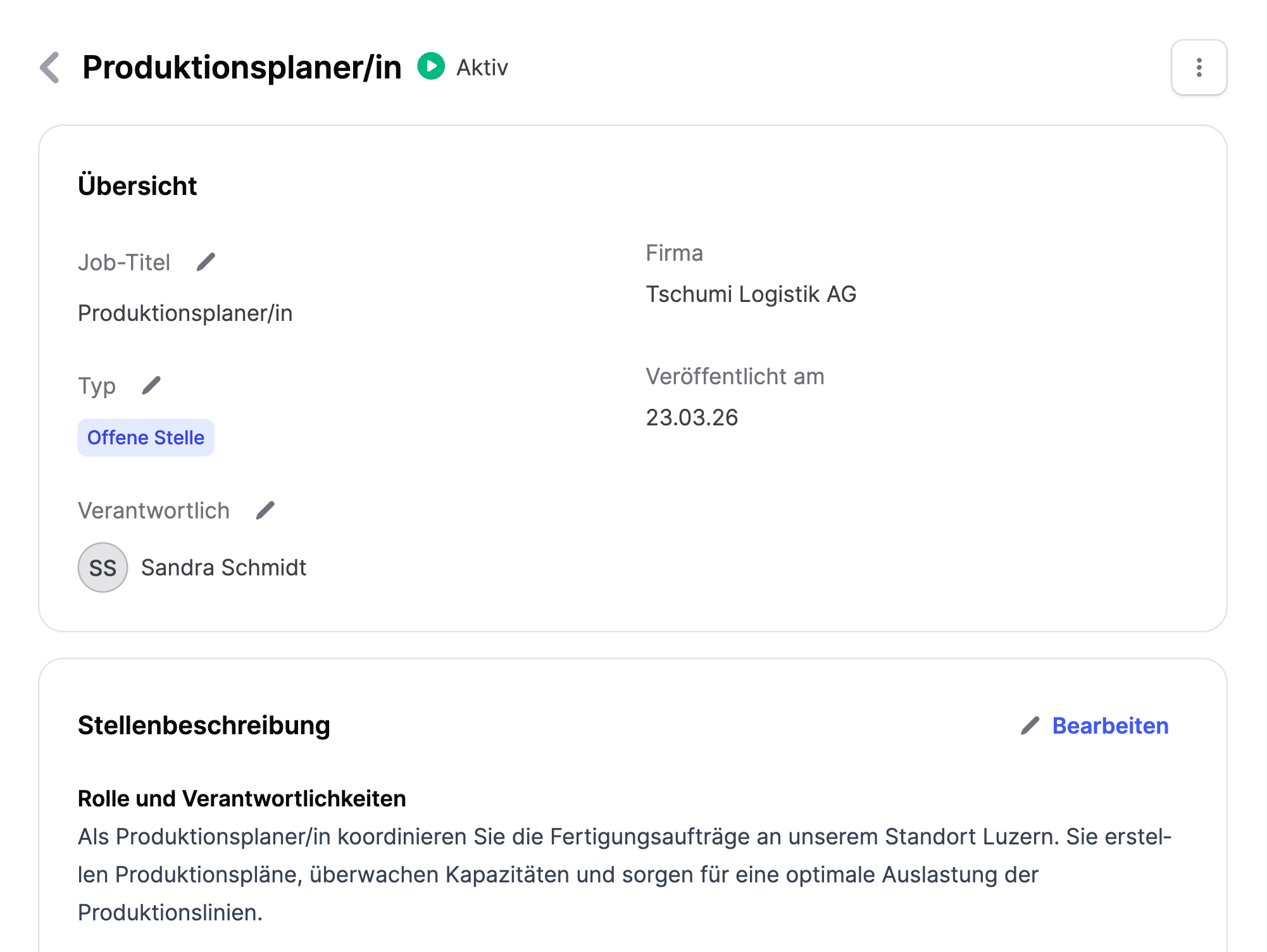 Jobmaps-Inserat-Detailseite mit Übersicht und Stellenbeschreibung, je mit direktem Klick zum Bearbeiten.