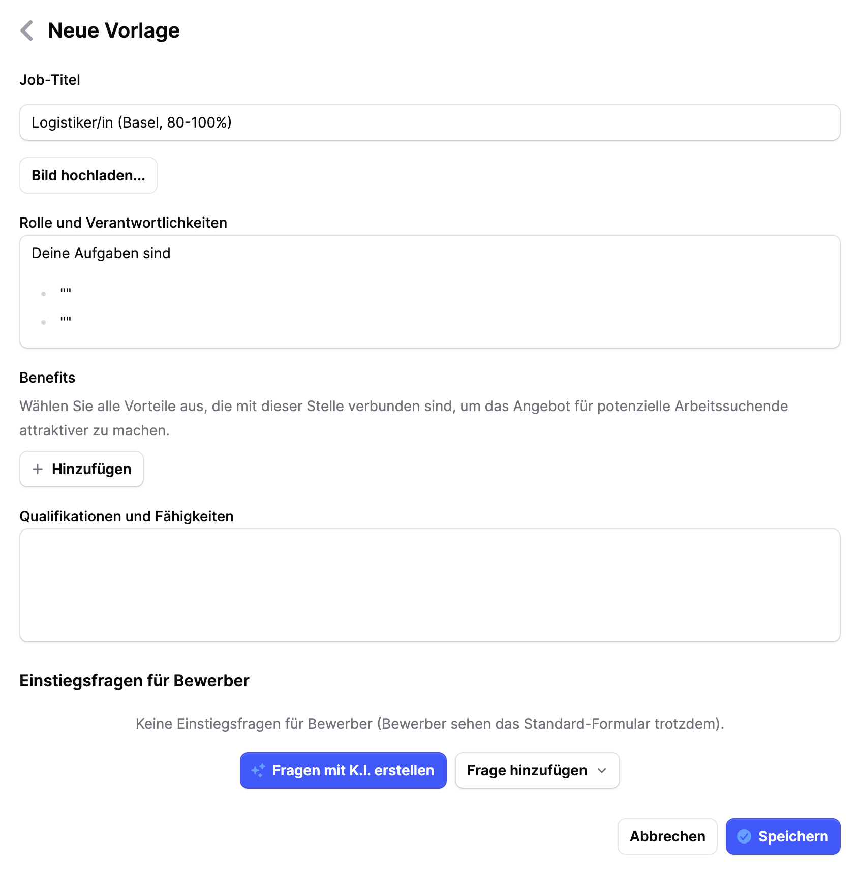 Jobmaps form for creating a new job template with fields for title, role, benefits and AI-generated questions
