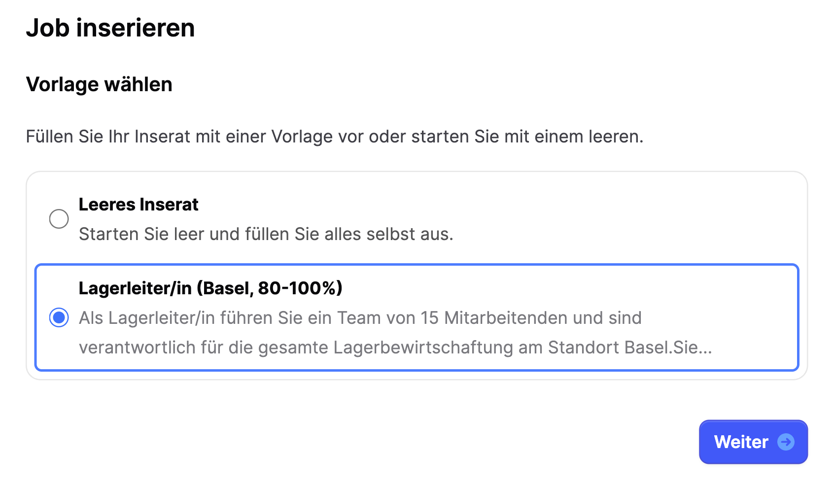 Jobmaps job posting form with a choice between an empty listing and a saved template