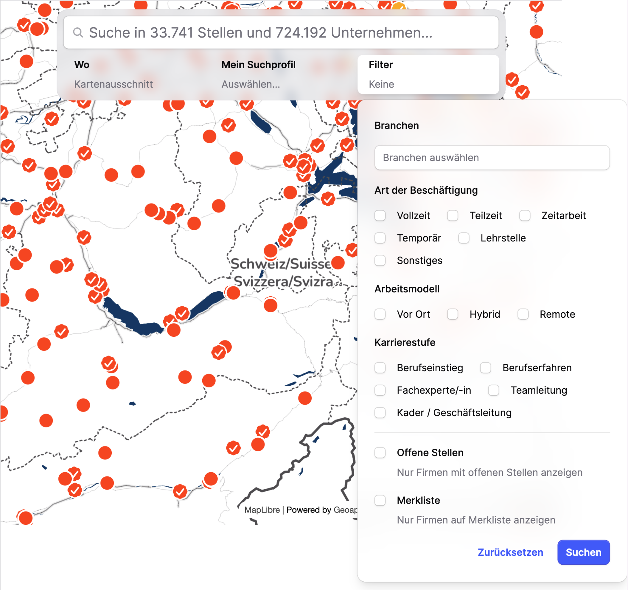 Jobmaps-Karte der Schweiz mit geöffnetem Filterbereich für Branche, Beschäftigungsart, Arbeitsmodell und Karrierestufe