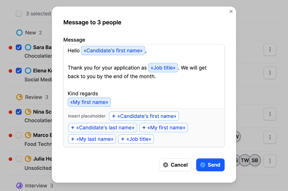 Bulk message to three people on Jobmaps with placeholders for first name, job title and sender
