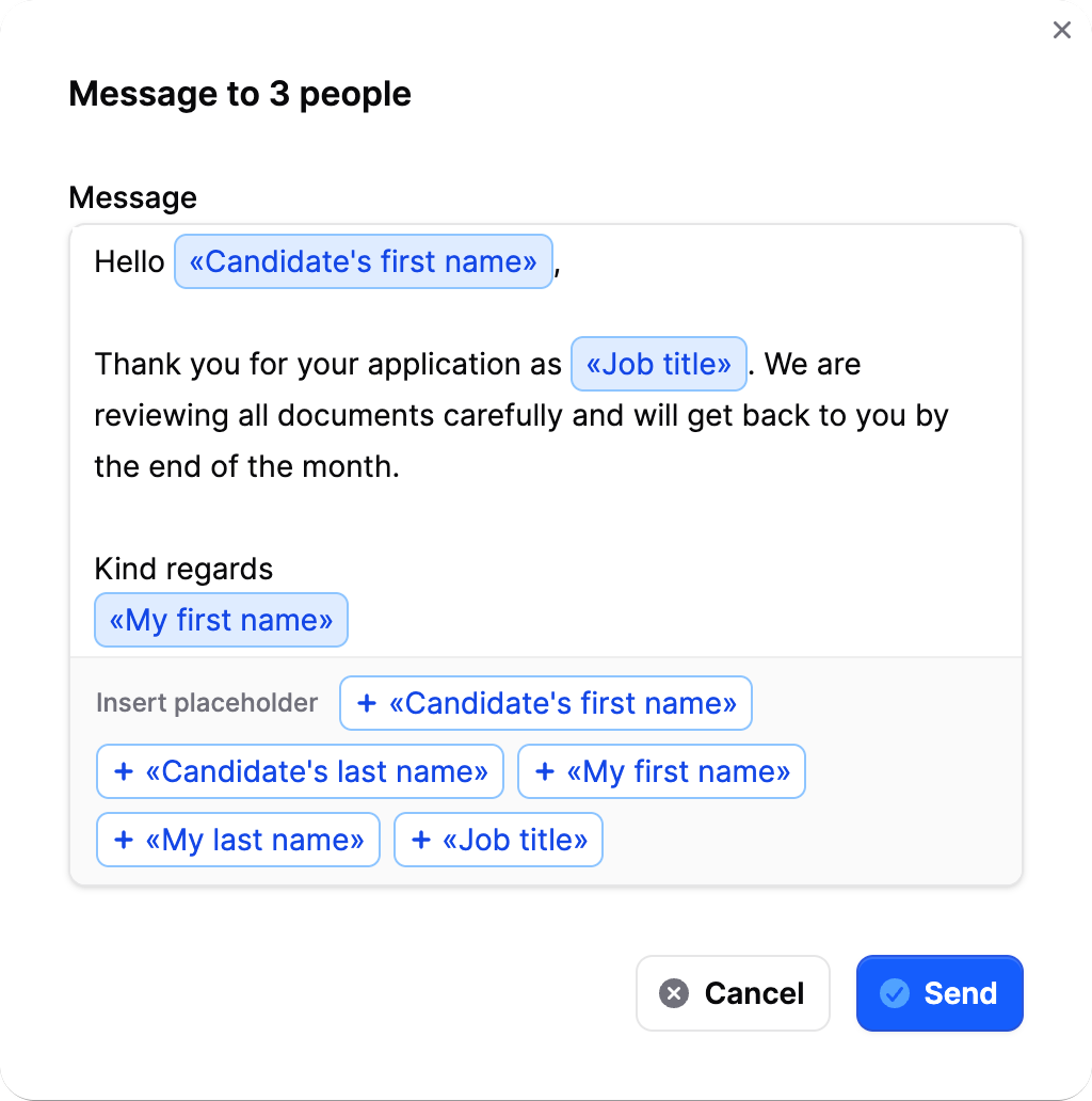  Bulk message to three people on Jobmaps with placeholders for first name, job title and sender