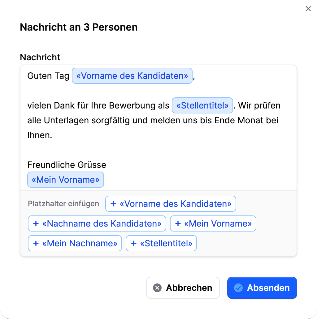 Sammelnachricht an drei Personen auf Jobmaps mit Platzhaltern für Vorname, Stellentitel und Absender