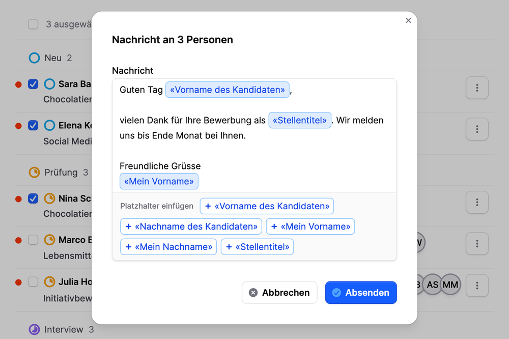Sammelnachricht an drei Personen auf Jobmaps mit Platzhaltern für Vorname, Stellentitel und Absender