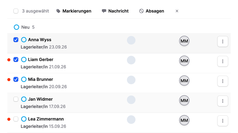Bewerberübersicht auf Jobmaps mit drei ausgewählten Bewerbungen und den Sammelaktionen Markierungen, Nachricht und Absagen