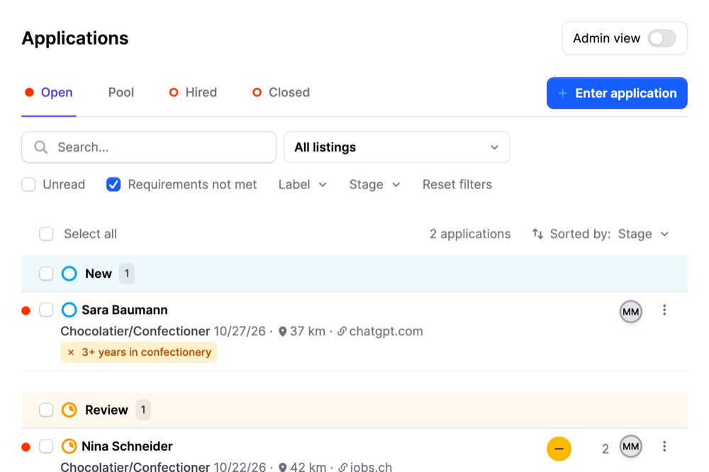 Applications list on Jobmaps with yellow flags for unmet minimum requirements and the Requirements not met filter