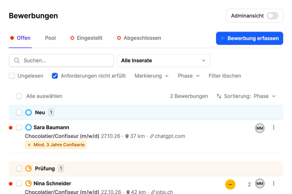 Bewerbungsliste auf Jobmaps mit gelben Markierungen für nicht erfüllte Mindestanforderungen und Filter Anforderungen nicht erfüllt