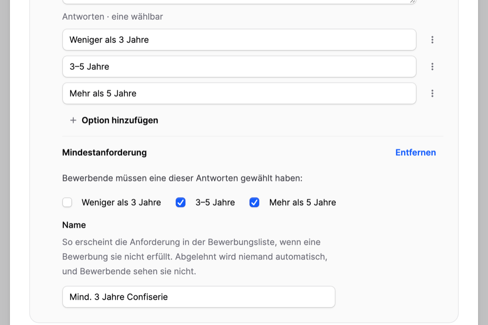 Einstiegsfrage auf Jobmaps mit markierten Antworten und Namensfeld für die Mindestanforderung