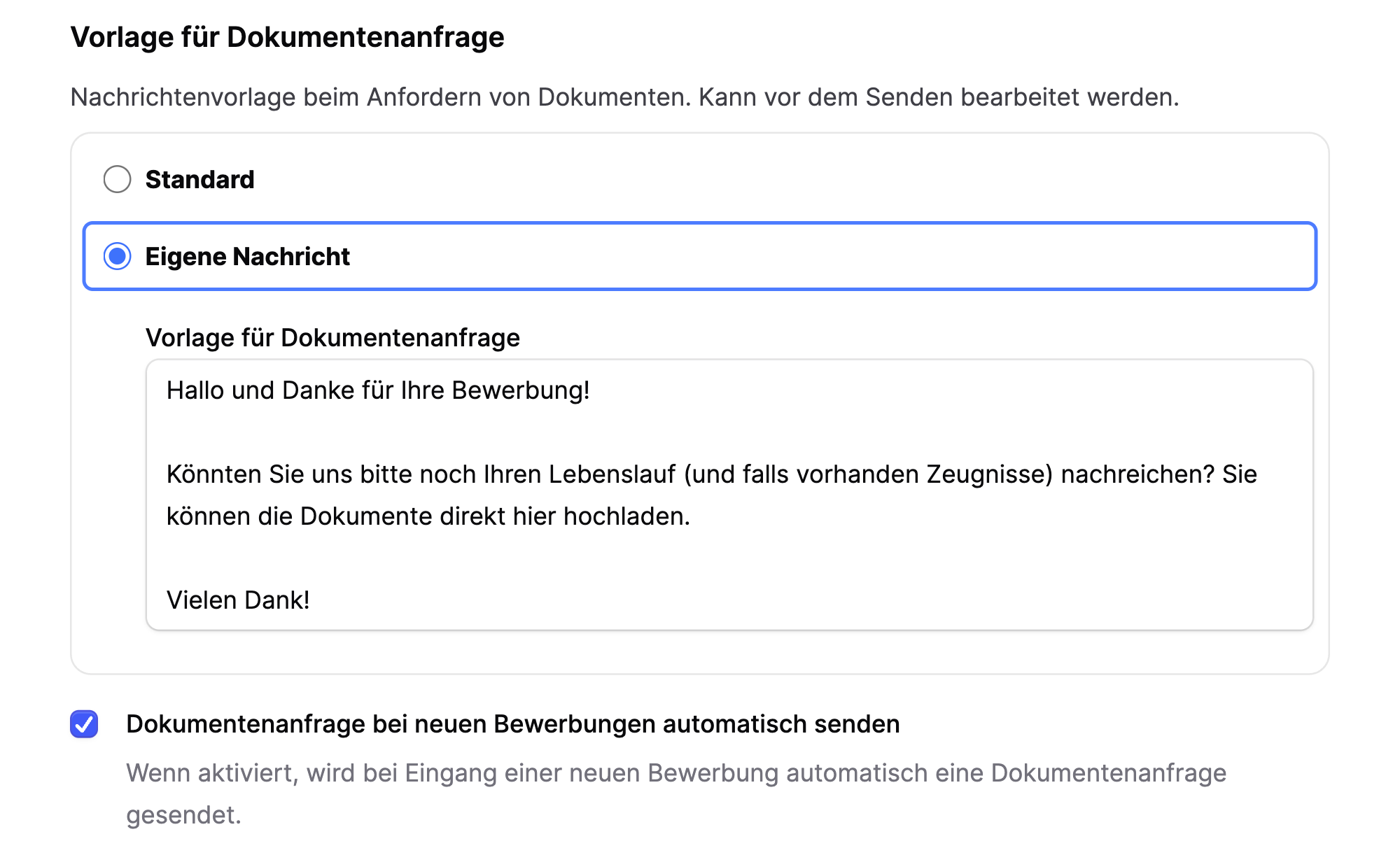 Jobmaps settings showing a custom message template with automatic document request sending enabled