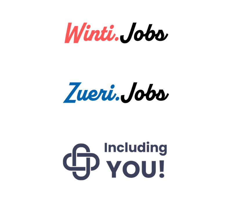 Logos der drei neuen Jobmaps-Partnerportale: Winti.Jobs, Zueri.Jobs und Including YOU!