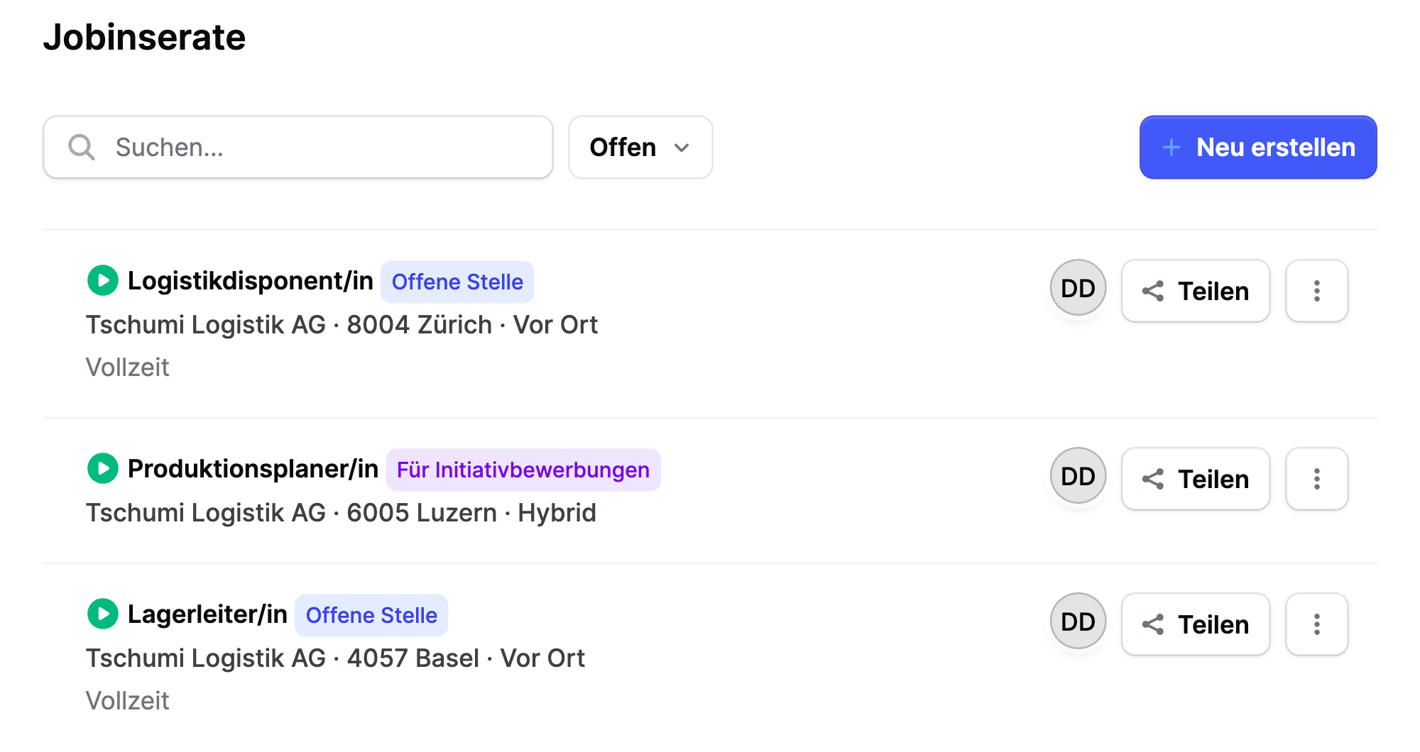 Jobprofil mit offener Stelle und Initiativbewerbung