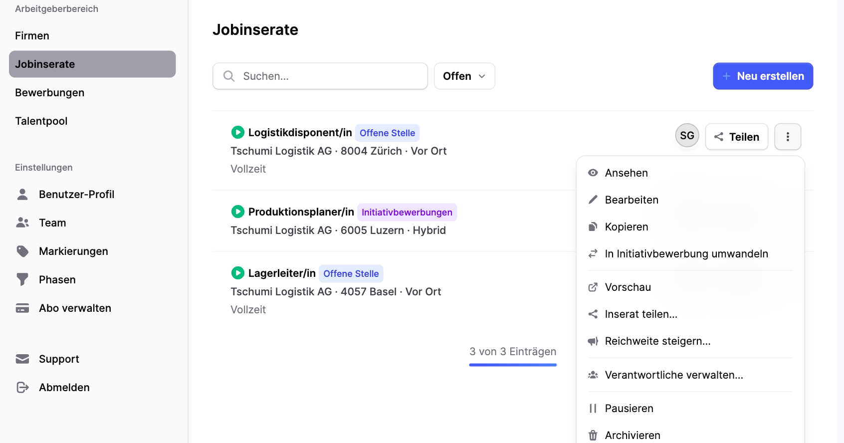 Umwandlung Initiativbewerbung und Offene Stelle