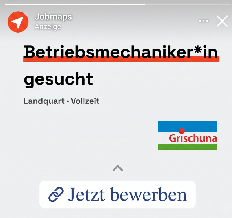 Instagram Story showing a Jobmaps ad for a maintenance technician position at Grischuna in Landquart