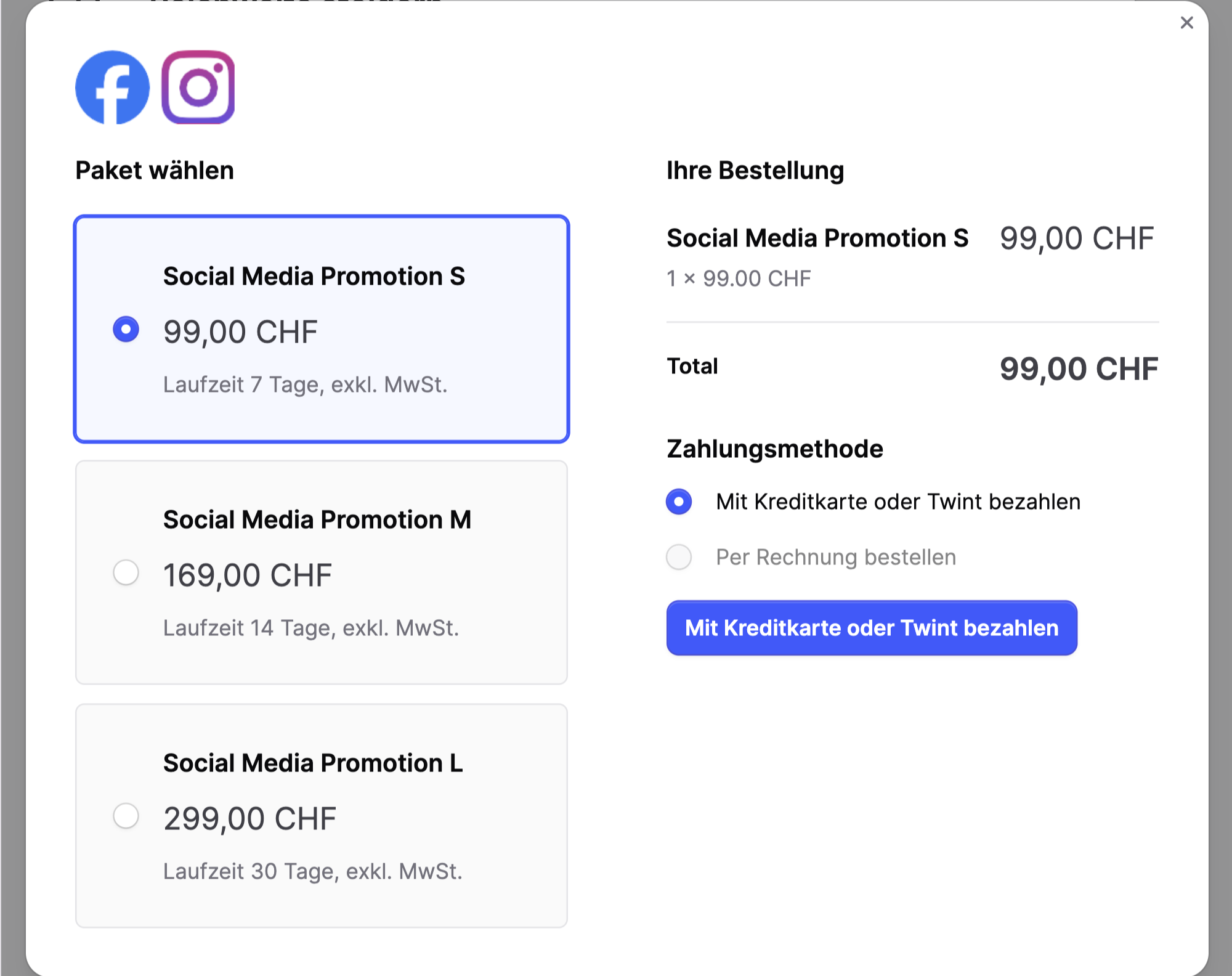 Paketauswahl mit drei Social-Media-Promotion-Optionen