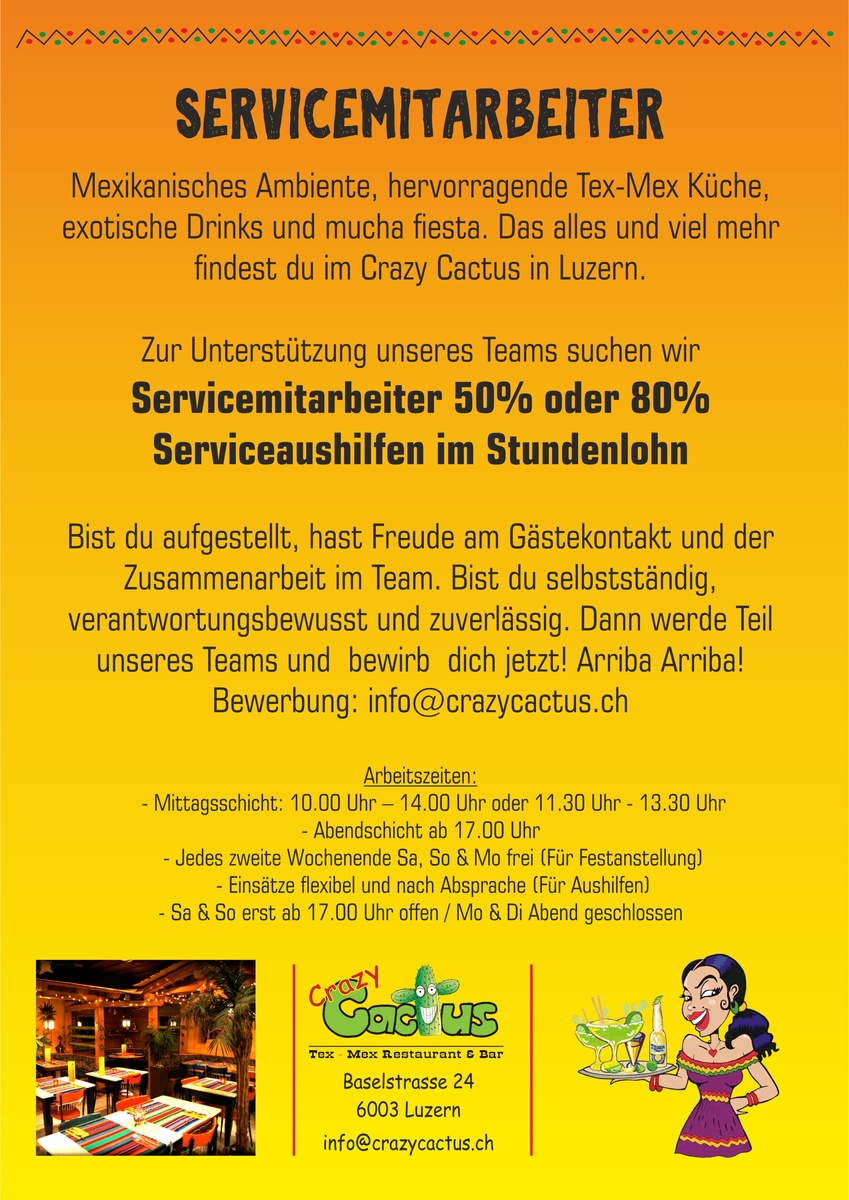 Servicemitarbeiter 50% oder 80% - Crazy Cactus
